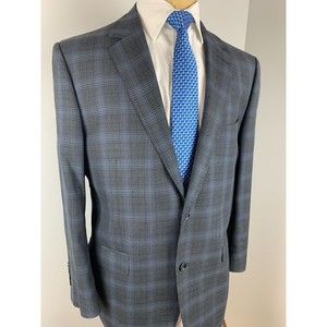 BYRON Men’s Gray Blue Glen Check Plaid Italy Wool Sport Coat Blazer Sz 56 R